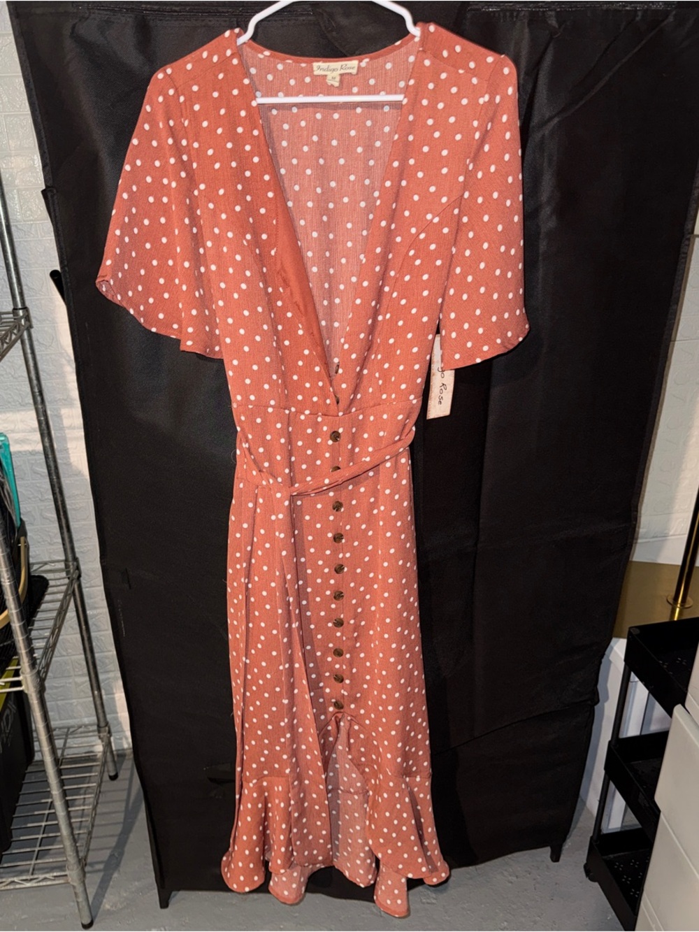 Vintage Rose Polka Dot Button-Front Midi Dress - Unknown Brand